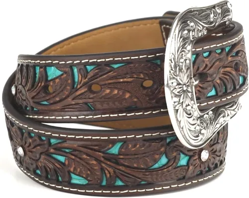 Vista 3 de ARIAT Cinturón floral marrón juvenil con incrustaciones de turquesa pintadas