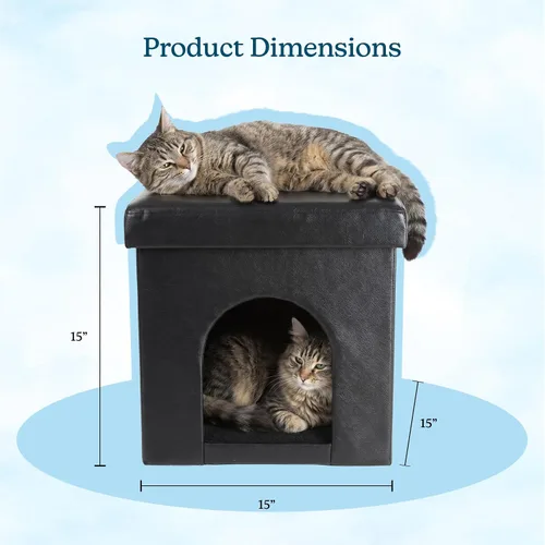 Vista 8 de Cat House - Otomana plegable multiusos para perros o gatos pequeños con reposapiés, parte superior acolchada y almohada interior (negro)