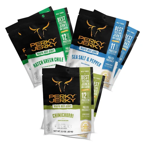 Vista 3 de Perky Jerky Wagyu Carne de res, Chimichurri, 2.2 onzas (paquete de 8) – 200 mg de sodio – 0.42 oz de proteína por porción – Bajo en grasa – 100%