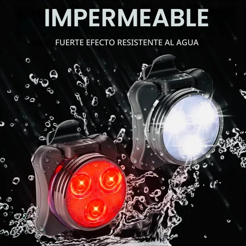 Vista 6 de Juego de luces para bicicleta recargables USB, faro delantero LED y luz trasera, luz de bicicleta impermeable, 4 modos, silicona y plástico, LED