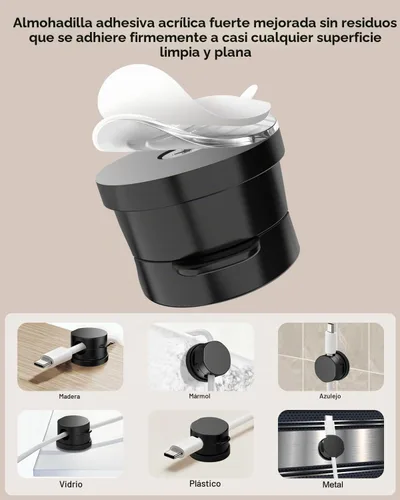Vista 4 de OneLeaf Paquete de 12 clips de cable de resorte giratorios de 360° [1s bloqueo], soporte de cable adhesivo para mesita de noche, soporte de cable
