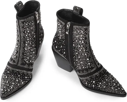 Vista 2 de ISNOM Rhinestone Cowboy Boots Sparkly Ankle Boots with Pointed Toe and Chunky Heel Design