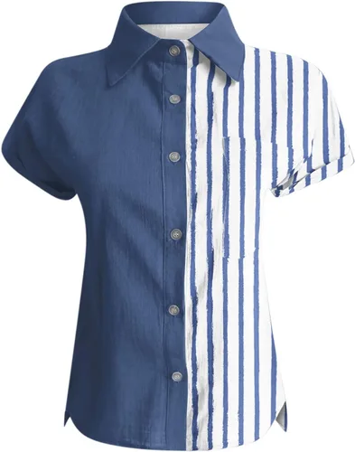 Vista 5 de Camisa de manga corta con cuello abierto para mujer, con múltiples botones, blusa casual de lino y algodón para verano