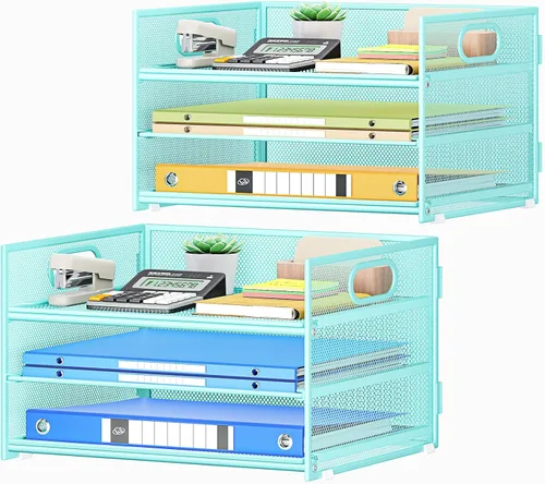 Vista 21 de SUBEKYU 2 paquetes de organizador de bandejas de cartas de 3 niveles para escritorio, organizador clasificador de archivos de malla metálica negra
