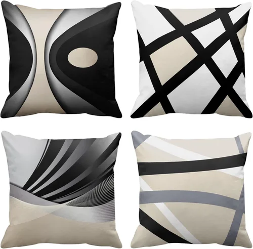 Vista 10 de Emvency Juego de 4 fundas de almohada negras modernas abstractas de rayas grises grises grises y blancas de acrílico llamativo, fundas de almohada