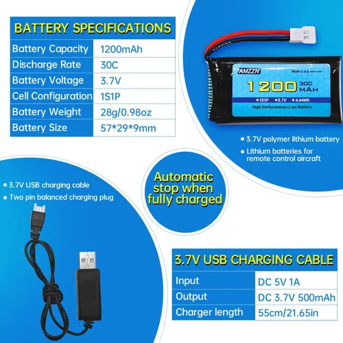 Vista 3 de Batería Lipo de 3.7 V 1200 mAh 30C con cable de carga USB, enchufe Molex para SYMA X5SW X5SC X5SC-1 KY601S RC Drone Accesorios de batería de litio