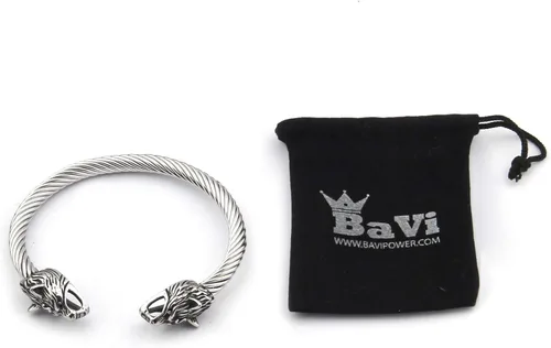 Vista 5 de BAVIPOWER Pulsera de acero inoxidable con cabezas de lobo nórdico Fenrir Odin Raven Dragón Serpiente de acero inoxidable fuerte Pagan Jewelry