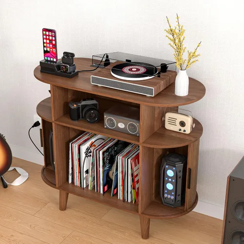 Vista 5 de LUVIOHOME Soporte redondo para tocadiscos, mesa de tocadiscos de mediados de siglo, estante para tocadiscos de vinilo con salida de corriente