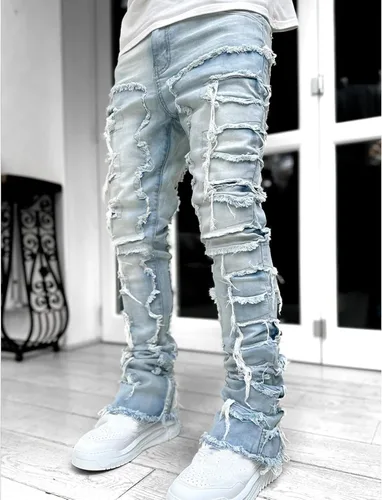 Vista 5 de GDJGTA Jeans apilados para hombre, ajustados, rasgados, elásticos, desgastados, rectos, pantalones de mezclilla estilo hip hop, ropa de calle