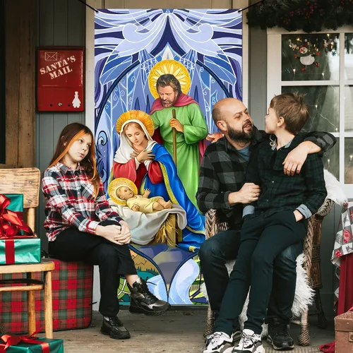 Vista 6 de Decoraciones de Navidad, cubierta de puerta de Navidad, cubierta de puerta de pesebre, escena religiosa, pancarta de puerta delantera de Navidad