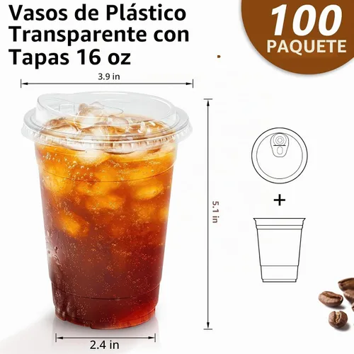 Vista 2 de Clawsoff Paquete de 100 vasos de plástico transparente de 16 onzas con tapas, vasos de café helado resistentes con tapas para sorbos, vaso