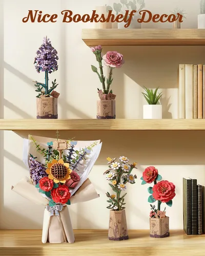 Vista 6 de Rowood Rompecabezas 3D para adultos, juego de construcción de ramo de flores de madera, colección botánica de flores artificiales, día de la madre