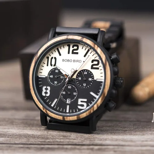 Vista 3 de BOBO BIRD Reloj de acero inoxidable de madera para hombre, cronógrafo, relojes de cuarzo