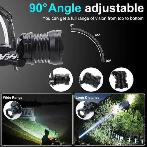 Vista 4 de Linterna frontal recargable, 3000 lúmenes, faros delanteros LED recargables con 10 modos, faros delanteros brillantes ajustables de 90°