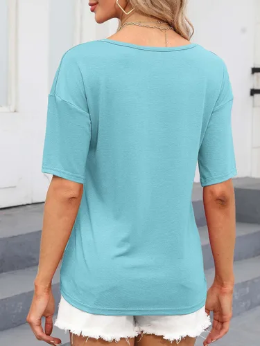 Vista 4 de Camisetas básicas de verano con cuello en V para mujer, con longitud al codo, ajuste holgado