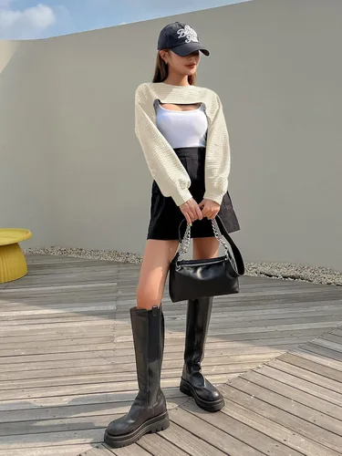 Vista 6 de Verdusa Top corto de punto para mujer, de manga larga, con hueco, tejido de ganchillo, transparente