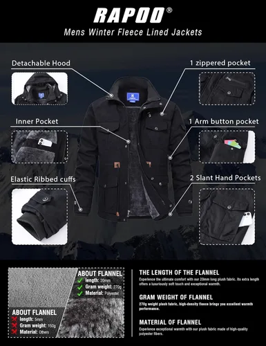 Vista 5 de Rapoo Chaqueta de invierno para hombre, de algodón, con forro polar, gruesa y cálida, con capucha