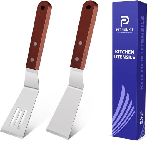 Vista 9 de Juego pequeño de espátulas de metal, mini espátulas de madera para uso en la cocina, pequeña espátula sólida de parrilla de acero inoxidable