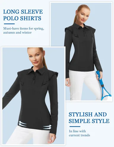 Vista 3 de JACK SMITH Polo de golf de manga larga para mujer, con volantes, absorbe la humedad, camisas atléticas de tenis con botones