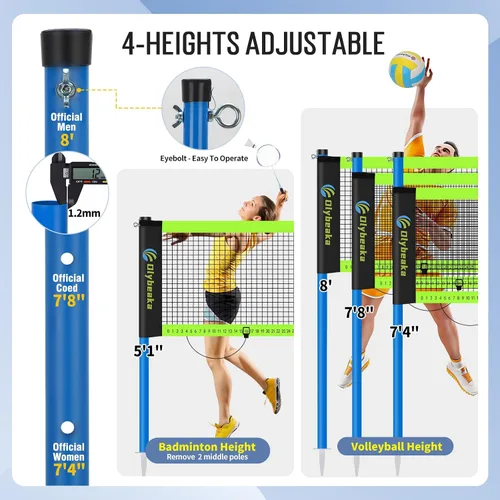 Vista 4 de Portable Outdoor Volleyball Badminton Combo Net Set with 2 Nets Badminton Volleyball Net for Backyard, Beach with Adjustable Poles, 4 Aluminum