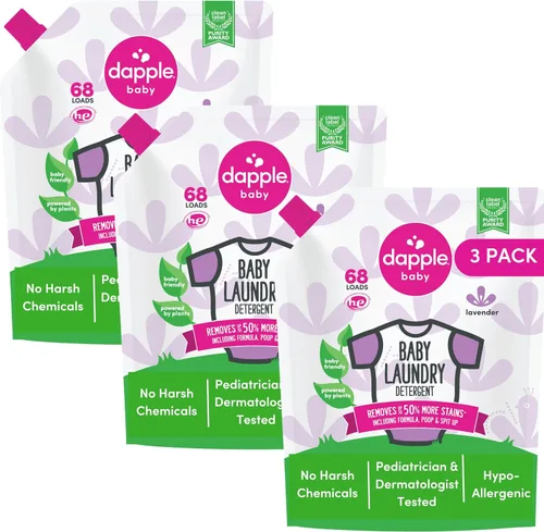 Vista 9 de Dapple Detergente para ropa de bebé, impulsado por plantas, concentrado, hipoalergénico, sin fragancia, paquete ecológico, quitamanchas, 34 fl oz