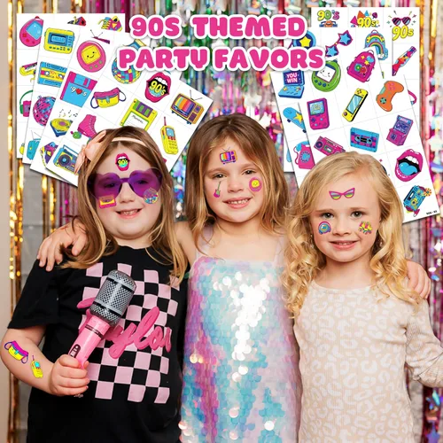 Vista 2 de Tatuajes temporales retro de Regreso a los años 90 y 80 para niños, diseños coloridos, 96 piezas, perfectos para fiestas temáticas de cumpleaños