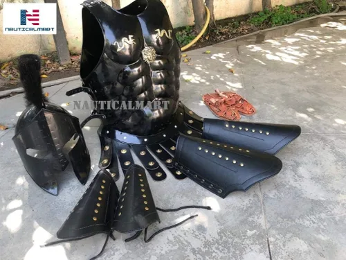 Vista 3 de Nautical-Mart - Conjunto de coronas de armadura muscular negra con casco, pierna y brazo guardia medieval de Halloween