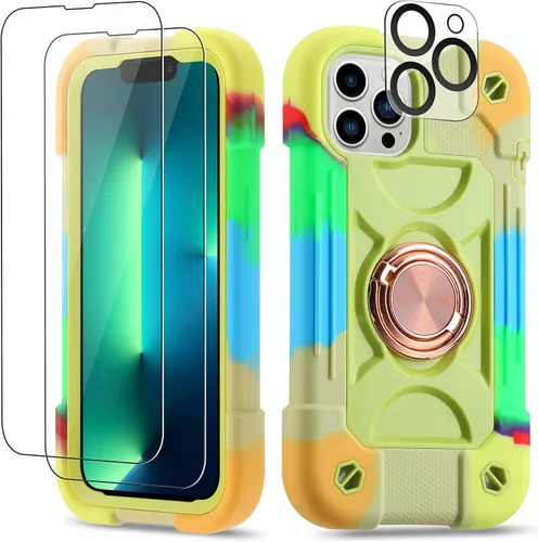 Vista 15 de Funda para iPhone 11 de 6.1 pulgadas con soporte de anillo, con 2 protectores de pantalla de vidrio, resistente a los golpes, resistente a