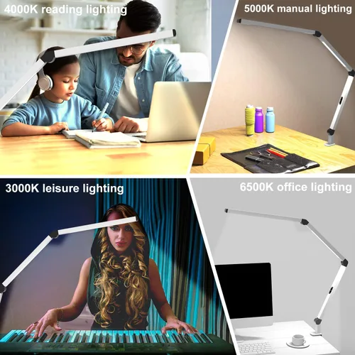 Vista 6 de Micomlan Lámpara de escritorio LED con abrazadera, lámpara de mesa de doble luz con brazo oscilante ajustable, cuidado de los ojos, 4 modos CCT y 5