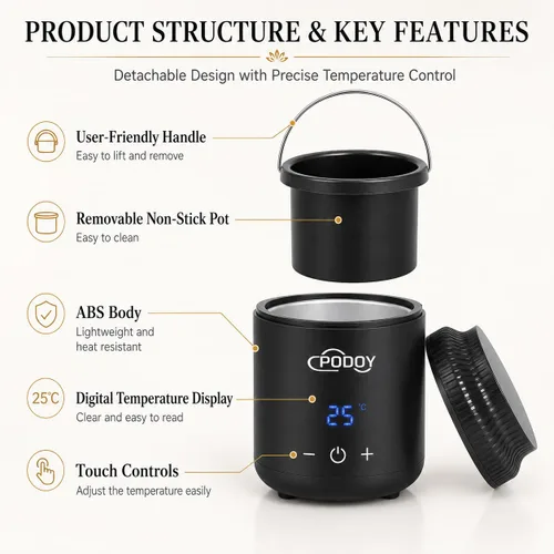 Vista 6 de Podoy Mini calentador de cera para depilación, pequeño calentador portátil de cera de viaje, pantalla digital para spa, cejas, cuerpo, nariz, labio