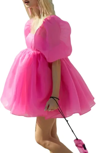 Vista 2 de Doisbetthsay Vestido de fiesta de organza con mangas abombadas y cuello cuadrado para mujer, mini vestido de malla de talle alto