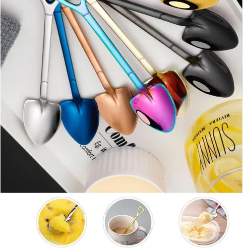 Vista 4 de Rolin Roly Juego de 6 cucharas coloridas de pala, cucharas de café, cucharas de postre de acero inoxidable, cucharas de cena de arco iris, cucharas