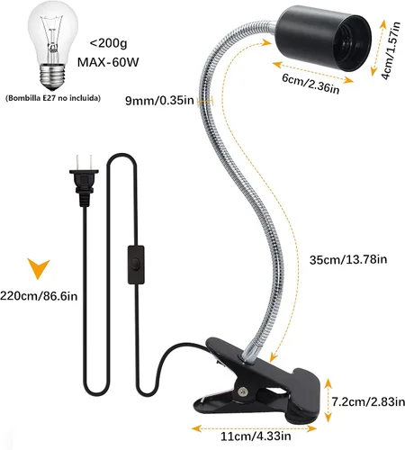 Vista 2 de Lámpara de Escritorio con Clip Portalámparas Paquete de 2 Soporte de Lámpara Flexible de Cuello de Cisne con Clip e Interruptor con Enchufes Luz