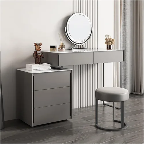 Vista 9 de HIHELO Dressing Tables Wood Slate Dressing Table Bedroom Simple Gray Makeup Table Side Cabinet Makeup Stool Mirror Telescopic Side Cabinet Wooden