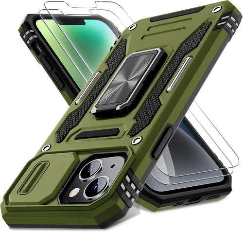 Vista 9 de DEERLAMN Funda para iPhone 13/iPhone 14 de 6.1 pulgadas con cubierta deslizante para cámara + protector de pantalla (2 paquetes), soporte de anillo