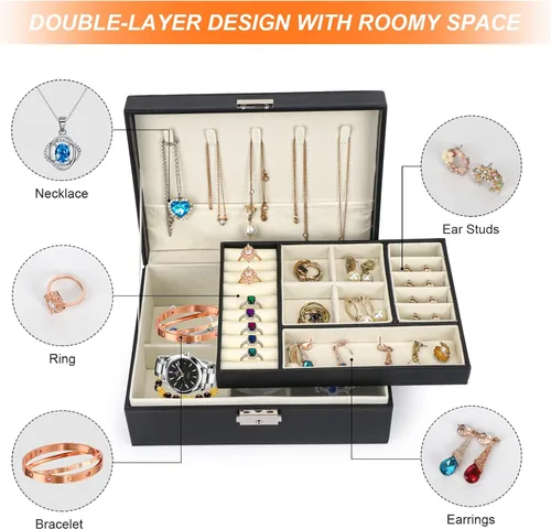 Vista 2 de Songaa Organizador de joyas de piel sintética, estuche para joyería para aretes, pulsera, collar y anillos de almacenamiento, caja de almacenamiento