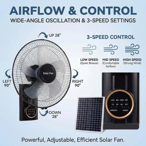 Vista 4 de Heavy Duty 16 Waterproof Solar Wall Fan - Oscillating With Remote & Timer, Adjustable 3 Speeds, Quiet For Greenhouse, Patio, Outdoor & Commercial Use
