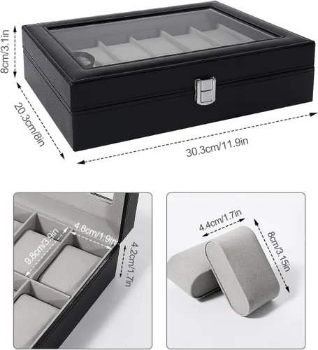 Vista 4 de Uten Caja de reloj, caja de reloj de cuero con 12 ranuras, organizador de caja de reloj, almacenamiento de joyas con tapa de vidrio grande, estuche