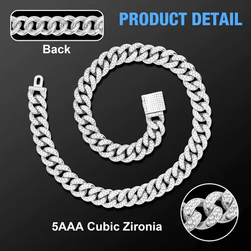 Vista 5 de Collar cubano de cadena para perro, collar de metal plateado para caminar con hebilla segura, collar de cristal cubano para mascotas, accesorios