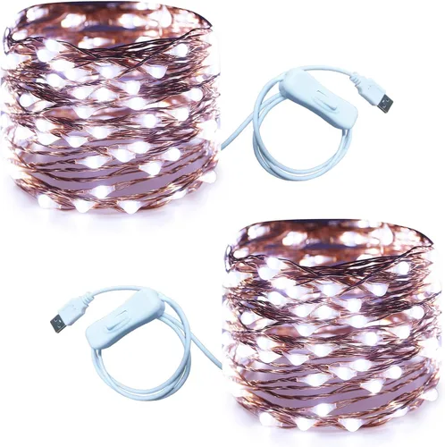 Vista 23 de RUICHEN Guirnalda de luces LED USB de 20 pies con interruptor de encendido/apagado, luces de alambre de cobre impermeables para dormitorio, pared