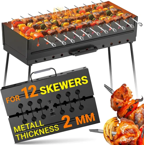 Vista 8 de Parrilla de carbón para 10 pinchos - Barbacoa portátil Mangal - Parrilla metálica plegable para Shashlik, Kebab, Picnic, Cocina al aire libre