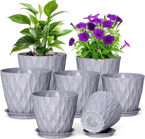 Vista 11 de Meowell Macetas pequeñas de plástico de 4 pulgadas, macetas de plántulas, juego de 5 macetas de ondas de agua para plantas de interior, macetas