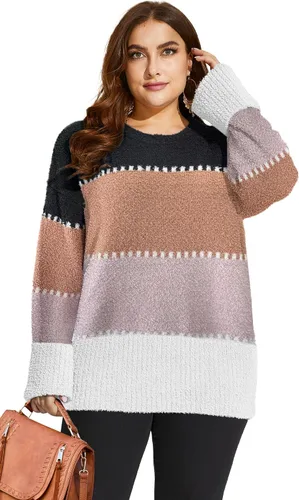 Vista 4 de XIEERDUO Suéteres de gran tamaño para mujer, cuello redondo, manga larga, tejido mullido, suéter cálido