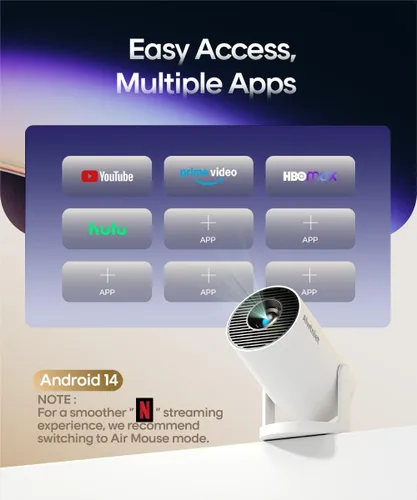 Vista 5 de Mini proyector con Wifi 6 y Bluetooth5.4, proyector portátil 4K, proyector inteligente Android 14 con 200ASIN y Keystone automático, proyector