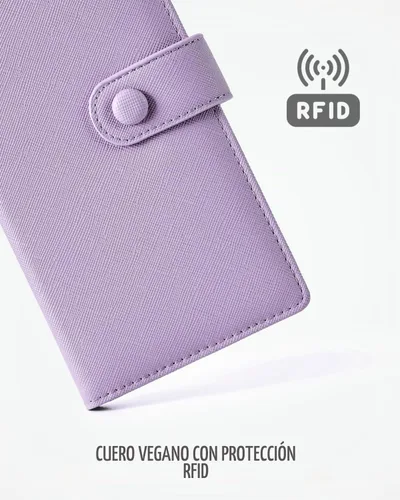 Vista 2 de Unilily Cartera delgada para mujer, con bloqueo RFID, de piel vegana, plegable, tarjetero con 2 ventanas de identificación y bolsillo con Lila