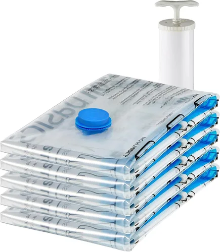 Vista 11 de Amazon Basics Bolsas de almacenamiento con cremallera de compresión al vacío con bomba de mano, medianas, transparentes, paquete de 5, blanco, azul
