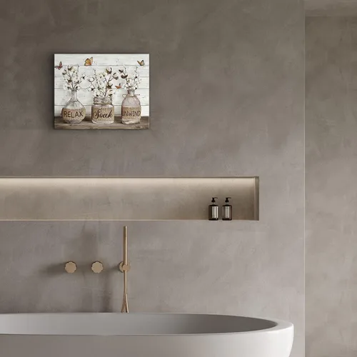 Vista 3 de Parylore Decoración de baño de granja, arte de pared de algodón, cuadro de flores de algodón, decoración de pared, tarro de masón, pintura