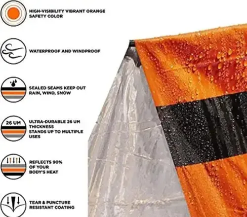 Vista 5 de Tienda de supervivencia de emergencia naranja - Tienda de campaña de tubo para 2 personas con silbato de supervivencia y cuerda de paracaídas