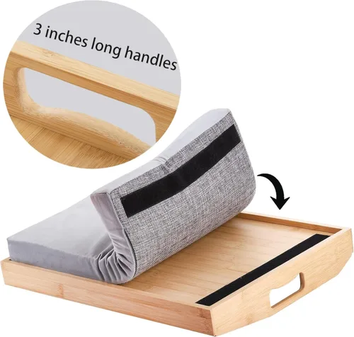 Vista 3 de Cedilis Bandeja de regazo de bambú con almohada desmontable, bandeja de servir de 16.9 x 13 pulgadas con asas para comer en la cama
