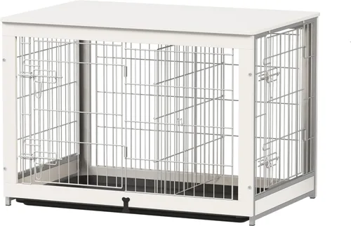 Vista 9 de Piskyet Muebles de madera para perros con panel divisor, mesa auxiliar de jaula para perros con bandeja deslizante fijable, puertas dobles